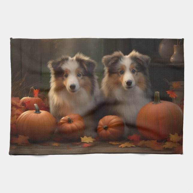 Rough Collie Puppy Autumn Delight Pumpkin  Kitchen Towel (Horizontal)