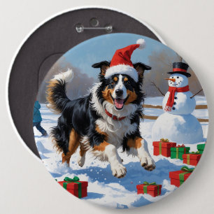 Rough Collie Running in Snow with Christmas Hat Button