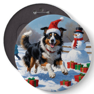 Rough Collie Running in Snow with Christmas Hat Button