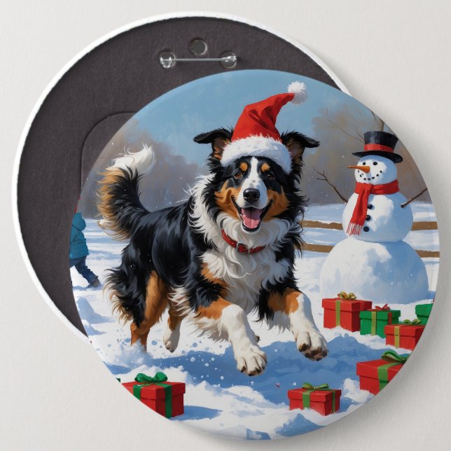 Rough Collie Running in Snow with Christmas Hat Button (Front & Back)