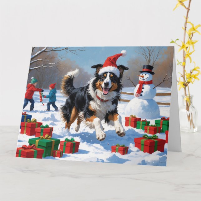 Rough Collie Running in Snow with Christmas Hat Card (Yellow Flower)