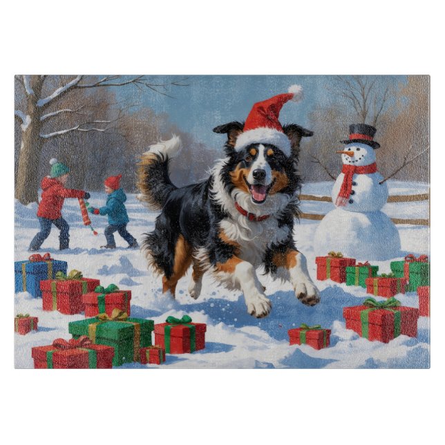 Rough Collie Running in Snow with Christmas Hat Cutting Board (Front)