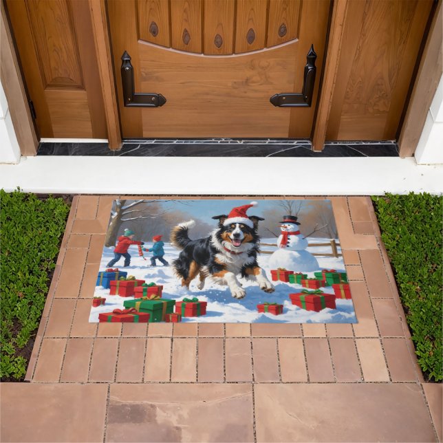 Rough Collie Running in Snow with Christmas Hat Doormat (Outdoor)