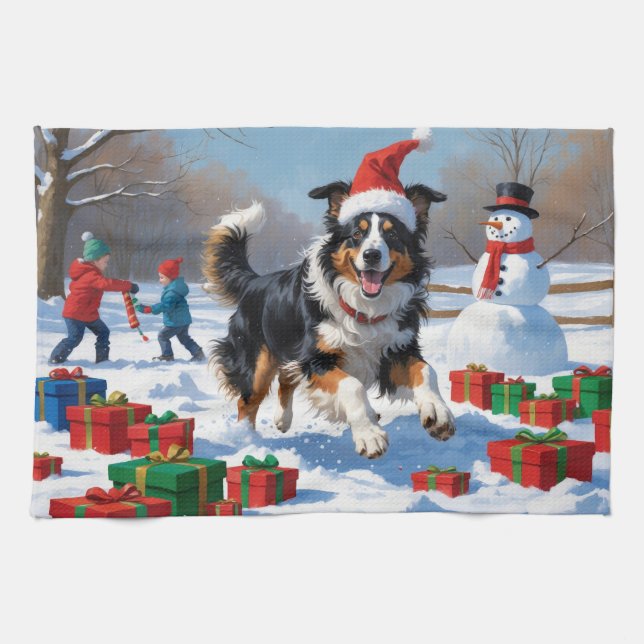 Rough Collie Running in Snow with Christmas Hat Kitchen Towel (Horizontal)