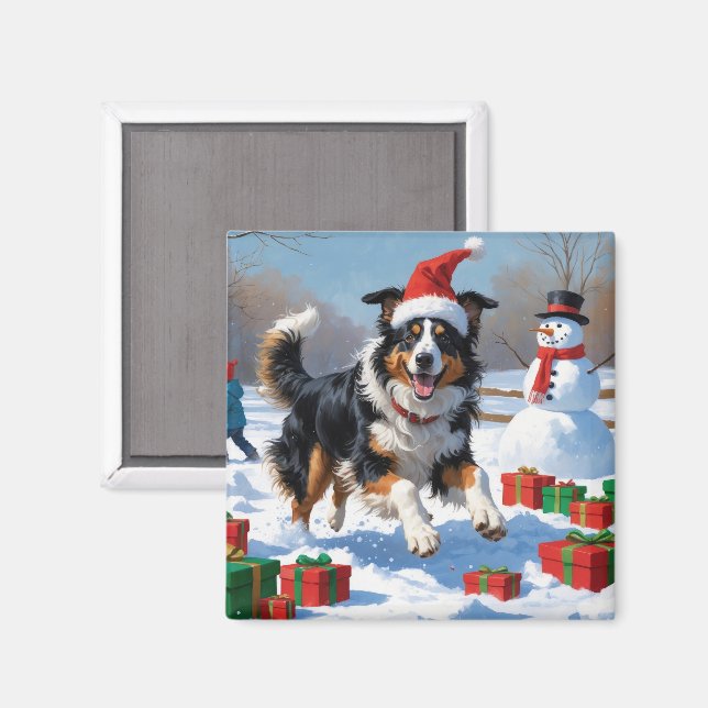 Rough Collie Running in Snow with Christmas Hat Magnet (Front/Back)