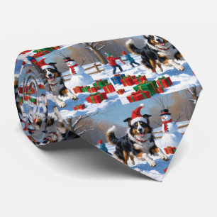 Rough Collie Running in Snow with Christmas Hat Neck Tie