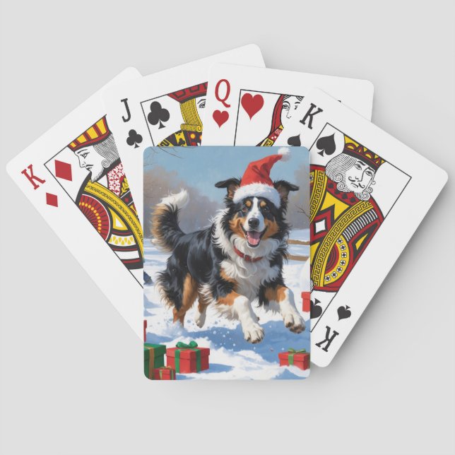 Rough Collie Running in Snow with Christmas Hat Poker Cards (Back)