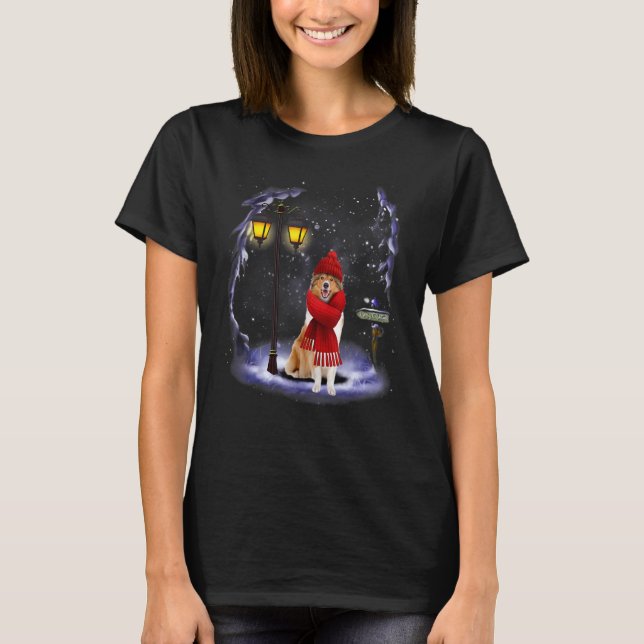 Rough Collie Santa Snow Christmas Light Winter Paj T-Shirt (Front)