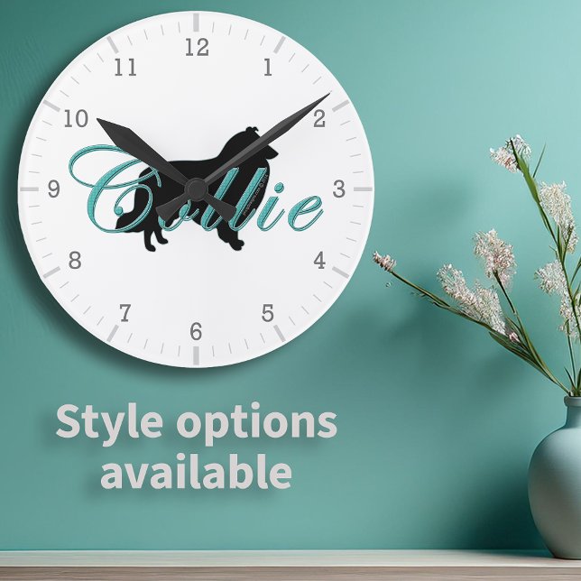 Rough Collie Silhouette Teal Script Text Round Clock (Rough Collie Silhouette Teal Script Text Round Clock with available style options)