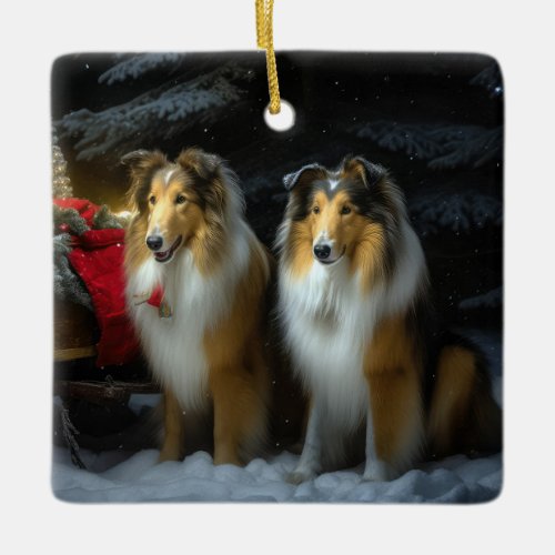 Rough Collie Snowy Sleigh Christmas Decor Ceramic Ornament
