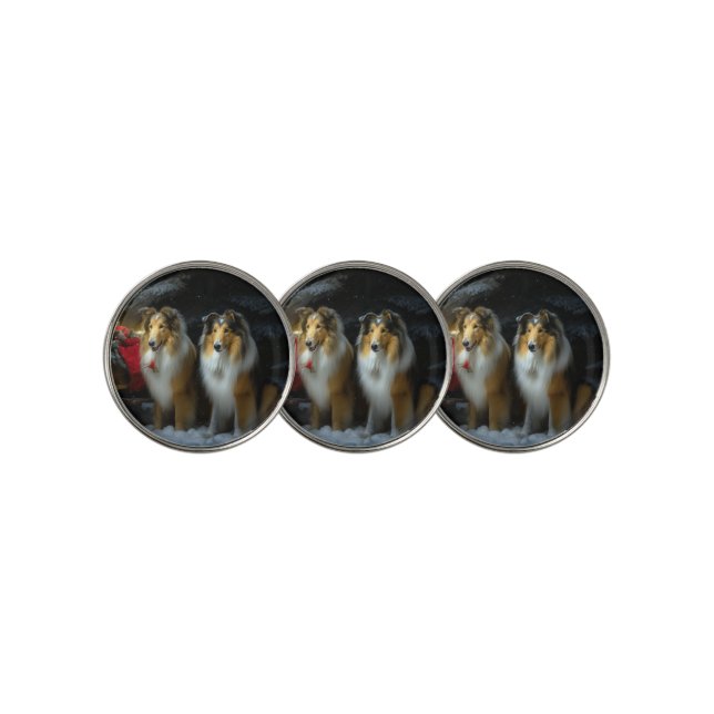Rough Collie Snowy Sleigh Christmas Decor Golf Ball Marker (3 Up)