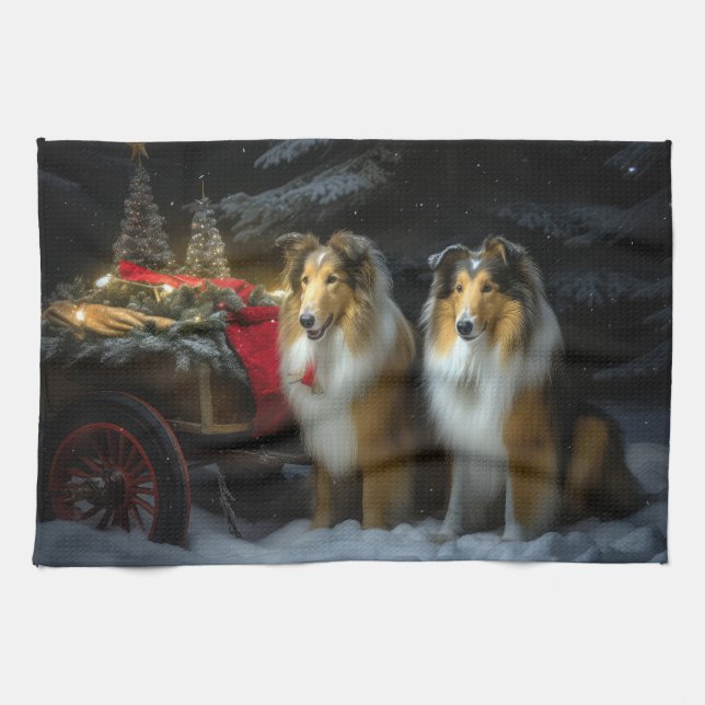 Rough Collie Snowy Sleigh Christmas Decor Kitchen Towel (Horizontal)