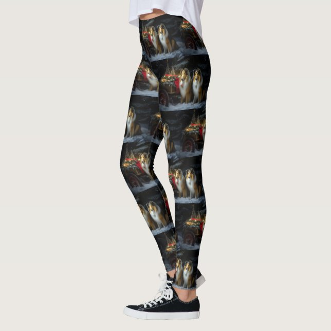 Rough Collie Snowy Sleigh Christmas Decor Leggings (Left)