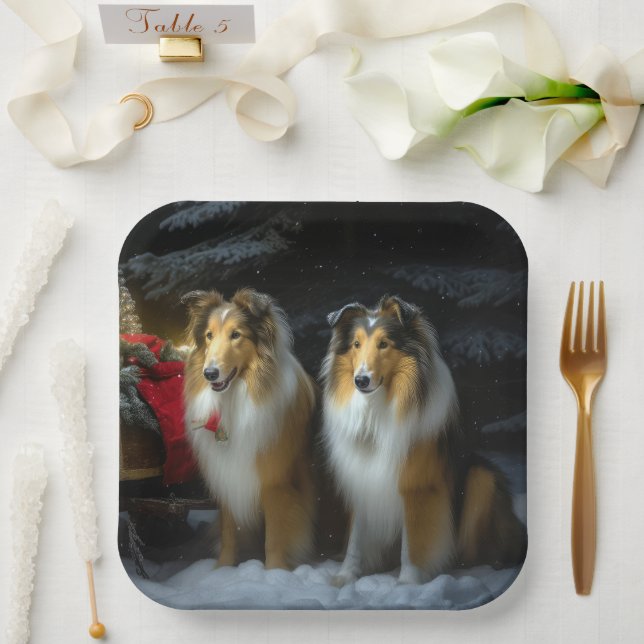 Rough Collie Snowy Sleigh Christmas Decor Paper Plates (Wedding)