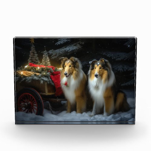 Rough Collie Snowy Sleigh Christmas Decor Photo Block