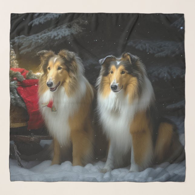 Rough Collie Snowy Sleigh Christmas Decor Scarf (Front)