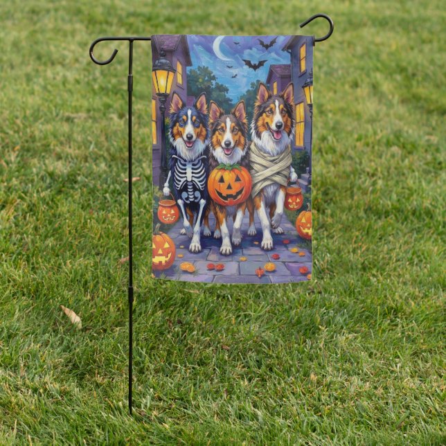 Rough Collie Trick-or-Treating Halloween Costumes Garden Flag (In SItu)