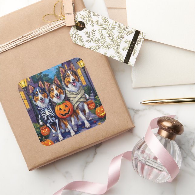 Rough Collie Trick-or-Treating Halloween Costumes Square Sticker (Gifting)