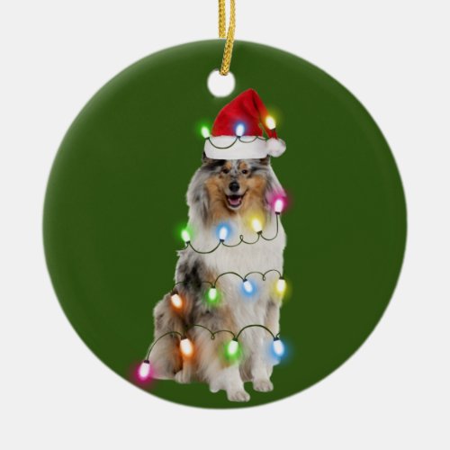 Rough Collie With Christmas Scafts Santa Hat Ceramic Ornament