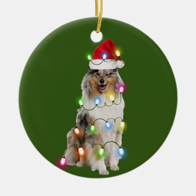 Rough Collie With Christmas Scafts Santa Hat Ceramic Ornament (Front)