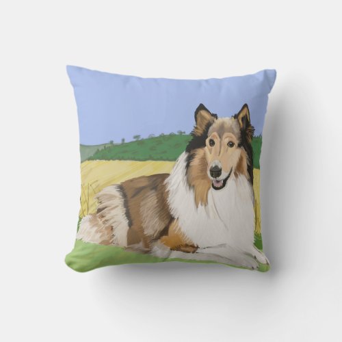 Rough Collie with fields Throw Pillow