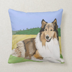 Rough Collie with fields Throw Pillow