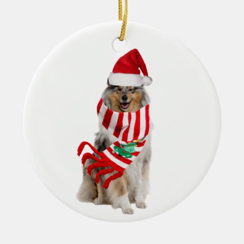 Rough Collie With Hat Scaft Christmas Ceramic Ornament