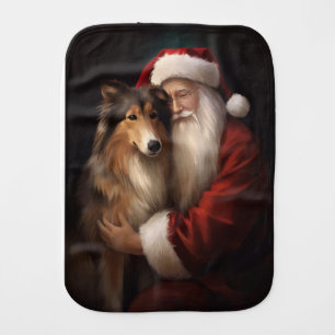 Rough Collie With Santa Claus Festive Christmas Baby Burp Cloth