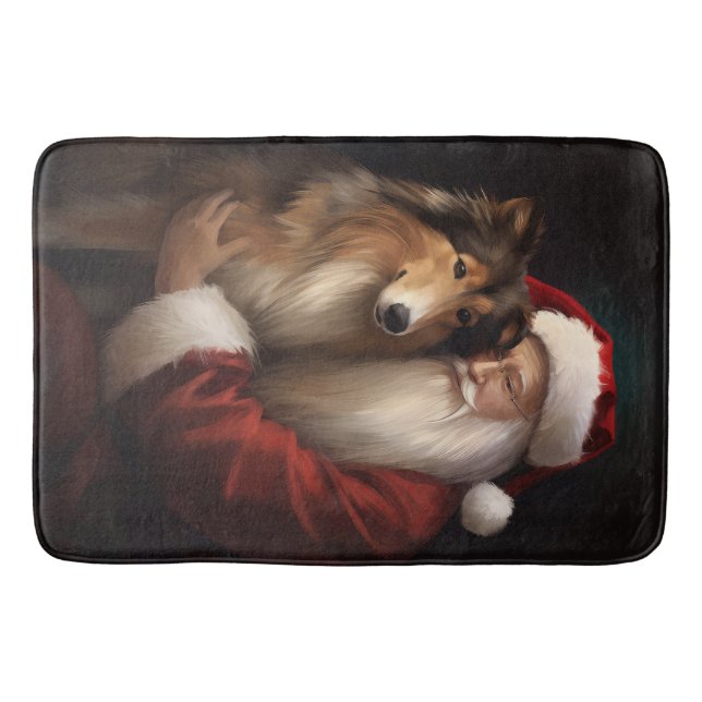 Rough Collie With Santa Claus Festive Christmas  Bath Mat (Front)