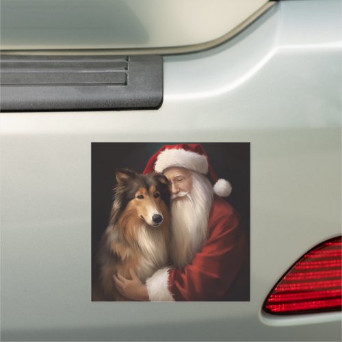 Rough Collie With Santa Claus Festive Christmas  Car Magnet