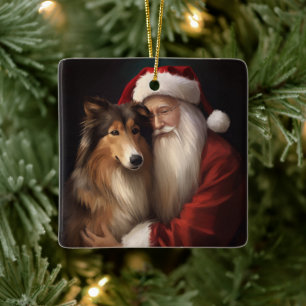 Rough Collie With Santa Claus Festive Christmas Ceramic Ornament