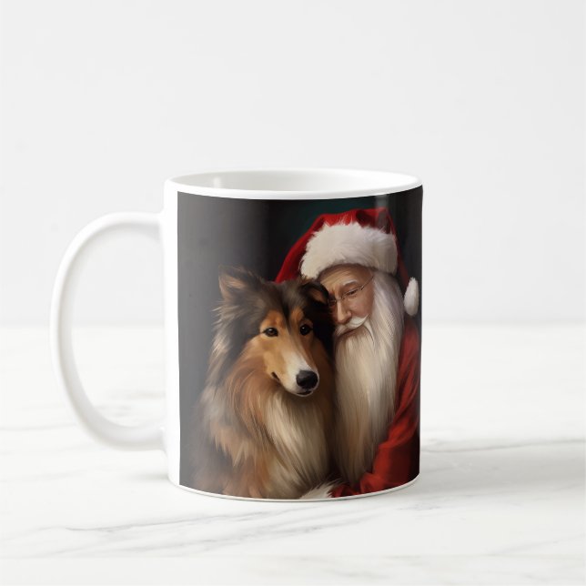 Rough Collie With Santa Claus Festive Christmas  Coffee Mug (Left)