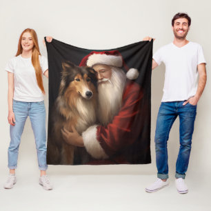 Rough Collie With Santa Claus Festive Christmas  Fleece Blanket