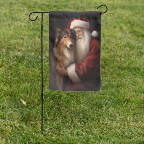 Rough Collie With Santa Claus Festive Christmas  Garden Flag