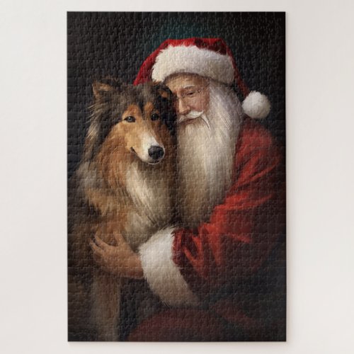 Rough Collie With Santa Claus Festive Christmas  Jigsaw Puzzle