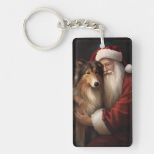 Rough Collie With Santa Claus Festive Christmas Keychain
