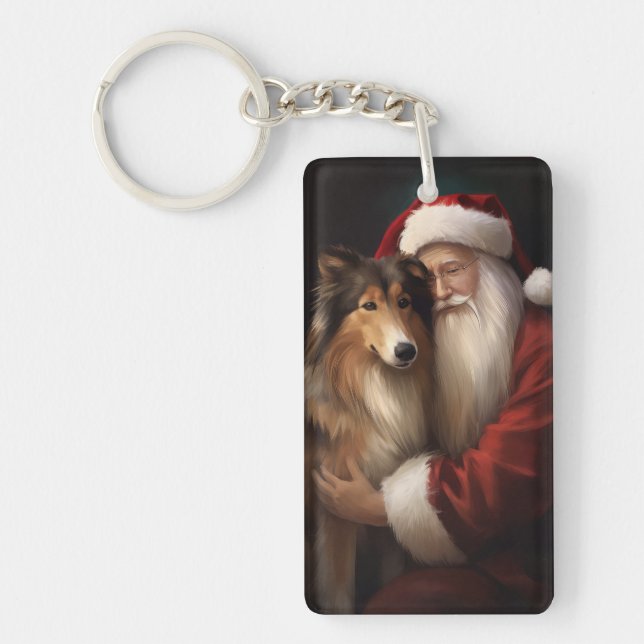 Rough Collie With Santa Claus Festive Christmas  Keychain (Front)