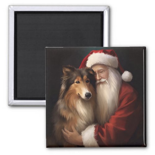 Rough Collie With Santa Claus Festive Christmas  Magnet
