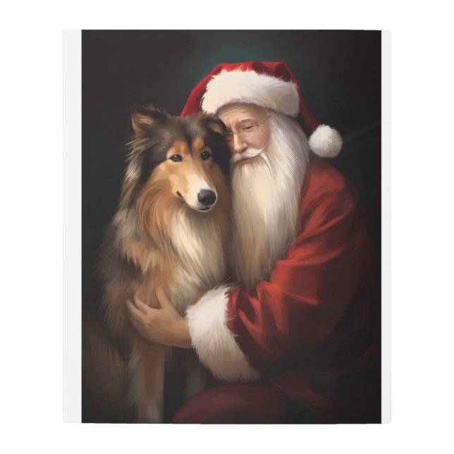 Rough Collie With Santa Claus Festive Christmas  Metal Print (Front)