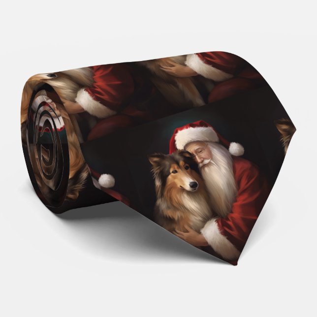 Rough Collie With Santa Claus Festive Christmas  Neck Tie (Rolled)
