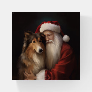 Rough Collie With Santa Claus Festive Christmas Paperweight