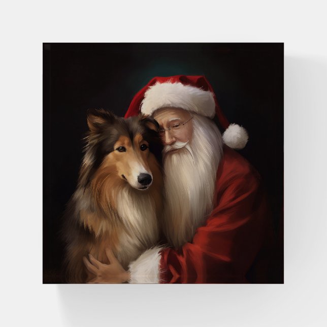 Rough Collie With Santa Claus Festive Christmas  Paperweight (Front)