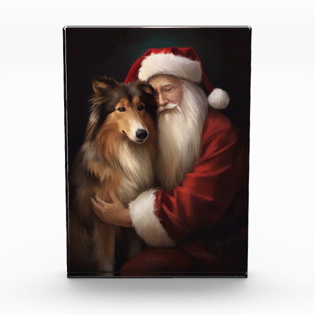 Rough Collie With Santa Claus Festive Christmas  Photo Block (Front)