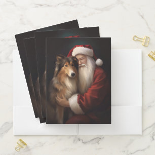 Rough Collie With Santa Claus Festive Christmas  Pocket Folder