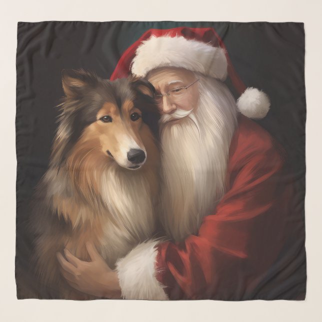 Rough Collie With Santa Claus Festive Christmas  Scarf (Front)