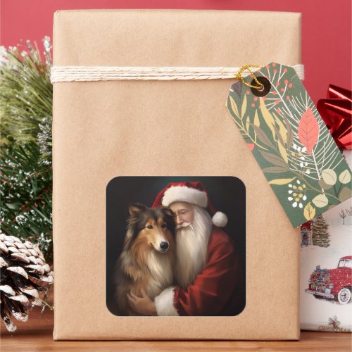 Rough Collie With Santa Claus Festive Christmas  Square Sticker