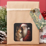 Rough Collie With Santa Claus Festive Christmas  Square Sticker<br><div class="desc">Embrace the holiday spirit with our charming Santa and Dog Christmas design. It's the perfect addition to your festive collection!</div>