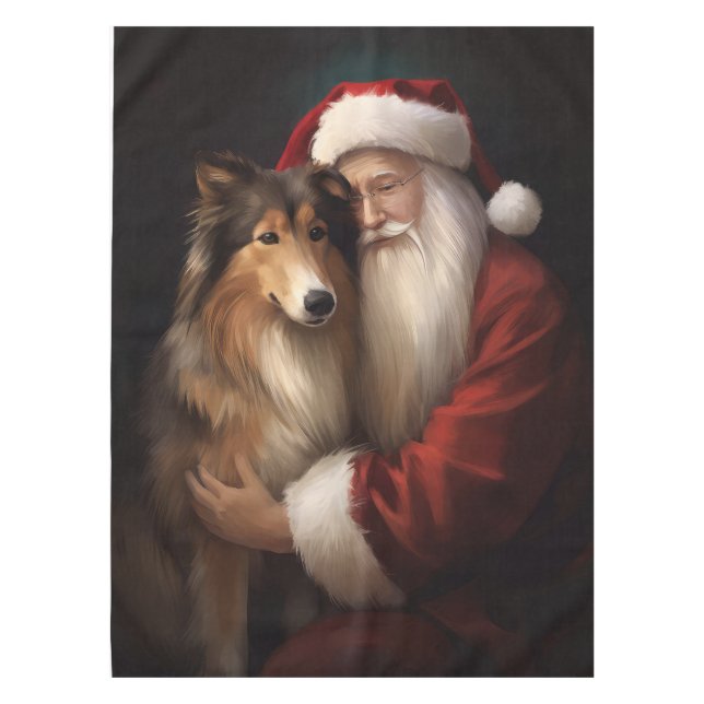 Rough Collie With Santa Claus Festive Christmas  Tablecloth (Front)