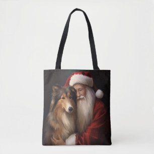 Rough Collie With Santa Claus Festive Christmas Tote Bag