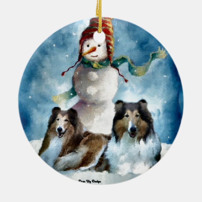 Rough Collie with Snowman Christmas Ceramic Ornament (Back)